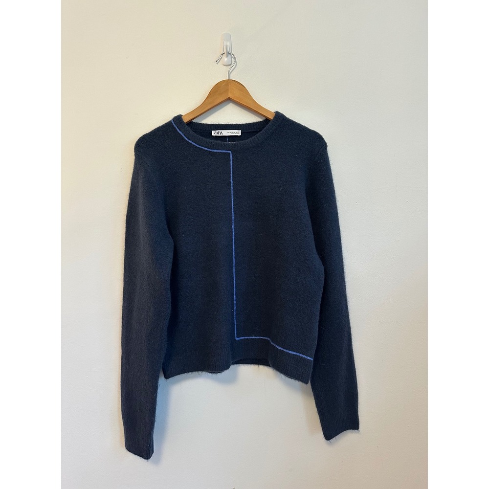 Zara Navy Blue Wool Blend Geometric Line Knit Sweater | Size XL